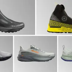 Fünf verschiedene Laufschuhe, darunter ein schwarzer Salomon-Schuh mit Reißverschluss und ein gelb-schwarzer La Sportiva-Schuh, ideal für Schnee.