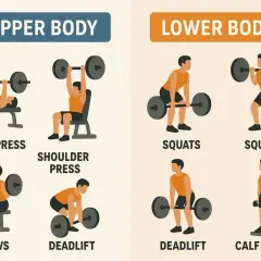 Übungsauswahl für einen natürlichen Bodybuilding Trainingsplan: Oberkörper (Bankdrücken, Schulterdrücken, Rudern) und Unterkörper (Kniebeugen, Kreuzheben, Wadenheben).