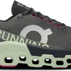 Grauer Herren-Laufschuh "Cloudmonster 2" mit hellgrüner Sohle und pinken Akzenten. "ON RUNNING" Schriftzug.
