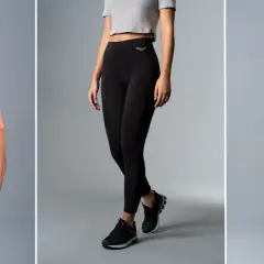 Sportbekleidung aus atmungsaktivem Material: Mann in Koralle, Frau in Schwarz und Frau in Rot.