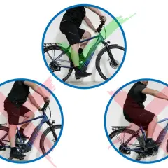 Oben: Richtige Sitzposition Fahrrad mit leicht gebeugten Knien. Unten: Falsche Sitzpositionen, die zu stark oder zu gebeugt sind.