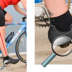 Die richtige Sitzposition Fahrrad Knie: Eine rote Linie zeigt die ideale Beinachse. Nahaufnahme des Schuhs mit Lupe.