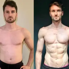 Mann vor und nach dem Training. Deutlich sichtbare Transformation: mehr Muskeln, weniger Fett. Er hat erfolgreich Kraft aufgebaut.