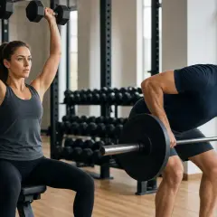Frau hebt Hanteln, Mann rudert mit Langhantel. Perfekt für einen 2er Split oder 3er Split Trainingsplan.