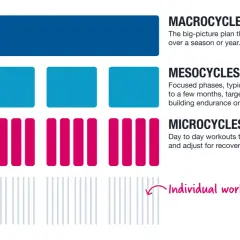 Grafische Darstellung der Periodisierung im Training: Makro-, Meso- und Mikrozyklen, die zu individuellen Workouts führen.
