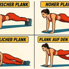 Vier Darstellungen einer Frau in verschiedenen Plank-Positionen: klassischer Plank, hoher Plank, seitlicher Plank und Plank auf den Händen. Jede Übung zeigt eine korrekte Plank-Haltung.