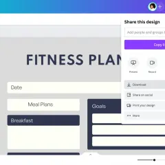 Fitnessplan-Vorlage in Canva. Hier kannst du deinen online Trainingsplan erstellen und ihn dann herunterladen oder teilen.