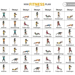 Fitnessplan Vorlage mit täglichen Übungen wie Hampelmann, Kniebeugen und Plank. Jede Übung dauert 30 Sekunden.