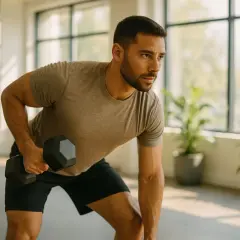 Ein Mann trainiert mit Hanteln, um zu lernen, wie am besten Muskeln aufbauen.