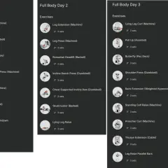 Trainingsplan: Full Body Tag 1, 2 und 3. Jede Übung hat 3 Sätze. Das ist ein Beispiel für einen Trainings-Split.