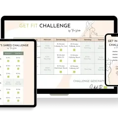 Digitale Geräte zeigen einen Trainingsplan zum Erstellen. Der Plan ist in Wochen und Tage unterteilt, mit Übungen und Ruhetagen.