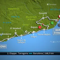 Karte der 2. Etappe der Tour de France: Tarragona nach Barcelona, 168,5 km. Die route tour de france führt entlang der Küste und durch hügeliges Gelände.