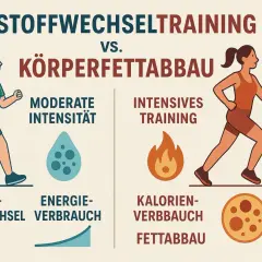 Vergleich von Fettstoffwechseltraining und Körperfettabbau. Moderate Intensität fördert Fettstoffwechsel, intensives Training den Kalorienverbrauch für Fettabbau.