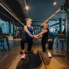 Zwei Frauen trainieren im freihantel bereich eines modernen Fitnessstudios. Sie machen eine Kniebeuge-Übung mit Kabelzug.
