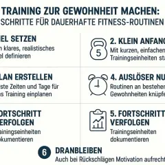6 Schritte für dauerhafte Fitness-Routinen: Ziel setzen, klein anfangen, planen, Auslöser nutzen, Fortschritt verfolgen und dranbleiben.