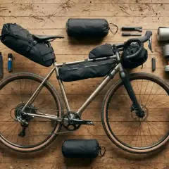Fahrrad mit Bikepacking-Taschen, Schlafsack, Isomatte, Kocher und Wasserflaschen bereit für ein Abenteuer.