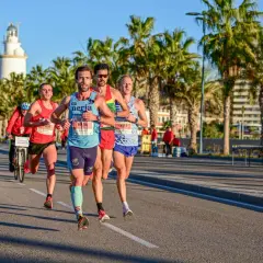 Läufer im Malaga Marathon kämpfen sich unter Palmen durch. Ein Leuchtturm im Hintergrund.