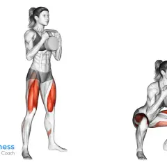 Frau macht Kettlebell-Kniebeugen, um ihre Beine zu trainieren.