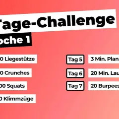 30-Tage-Fitness-Challenge: Woche 1 mit Liegestützen, Crunches, Squats, Klimmzügen, Plank, Laufen und Burpees.
