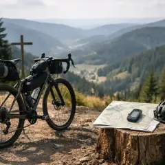 Gravelbike mit Gepäcktaschen, Karte und Helm auf einem Baumstumpf, bereit für Abenteuer. Perfekt für deine nächsten Gravelbike Touren.