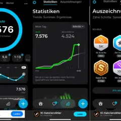 Schritte zählen mit der laufen App: 7.576 Schritte heute, Statistiken und Auszeichnungen wie 5K und 10K.