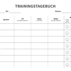 Ein Trainingsplan zum Ausdrucken mit Feldern für Sportart, Ort, Dauer, Wetter und Wohlbefinden.