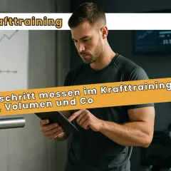 Mann im Fitnessstudio mit Tablet, misst Fortschritt im Krafttraining. Das Gewicht steigt, die Leistung auch.