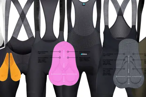 Welche Hose zum Radfahren ist die richtige? Verschiedene Trägerhosen mit detaillierten Einblicken in Polsterung und Material.