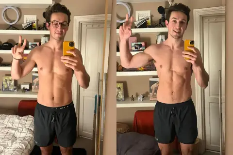 Mann zeigt beeindruckenden Muskelaufbau in 3 Monaten. Vorher-Nachher-Vergleich mit sichtbaren Fortschritten an Bauch und Armen.
