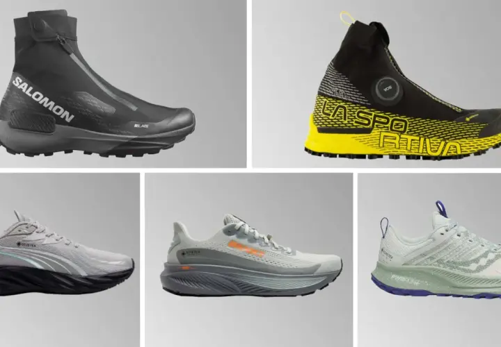 Fünf verschiedene Laufschuhe, darunter ein schwarzer Salomon-Schuh mit Reißverschluss und ein gelb-schwarzer La Sportiva-Schuh, ideal für Schnee.