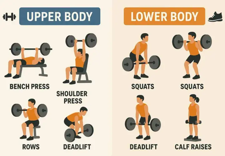 Übungsauswahl für einen natürlichen Bodybuilding Trainingsplan: Oberkörper (Bankdrücken, Schulterdrücken, Rudern) und Unterkörper (Kniebeugen, Kreuzheben, Wadenheben).