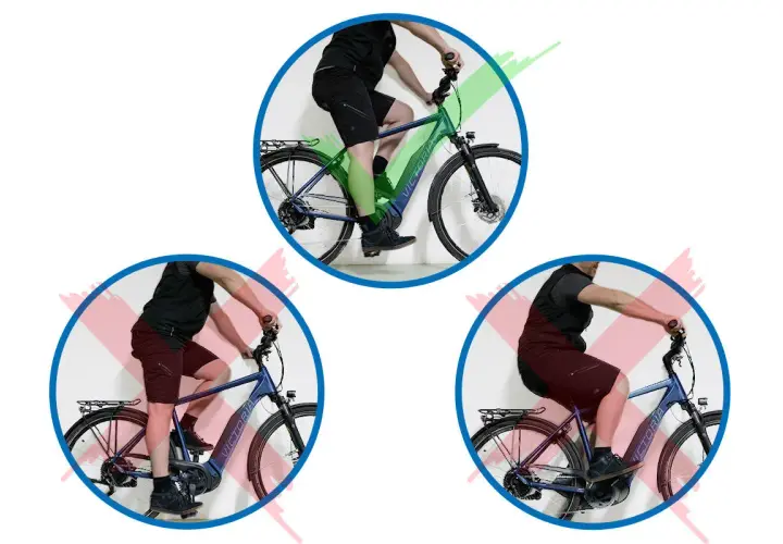 Oben: Richtige Sitzposition Fahrrad mit leicht gebeugten Knien. Unten: Falsche Sitzpositionen, die zu stark oder zu gebeugt sind.