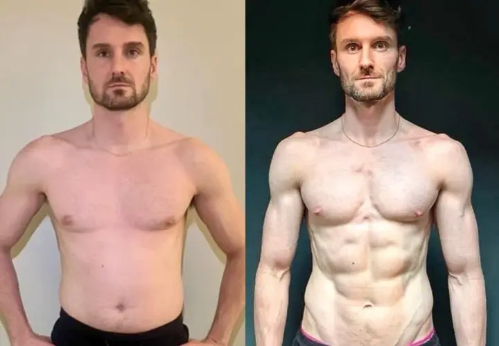 Mann vor und nach dem Training. Deutlich sichtbare Transformation: mehr Muskeln, weniger Fett. Er hat erfolgreich Kraft aufgebaut.