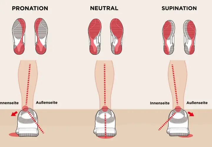 Illustrationen zeigen Pronation, Neutralstellung und Supination des Fußes. Die Pronation bedeutung wird durch die Abrollbewegung des Fußes auf der Innenseite erklärt.
