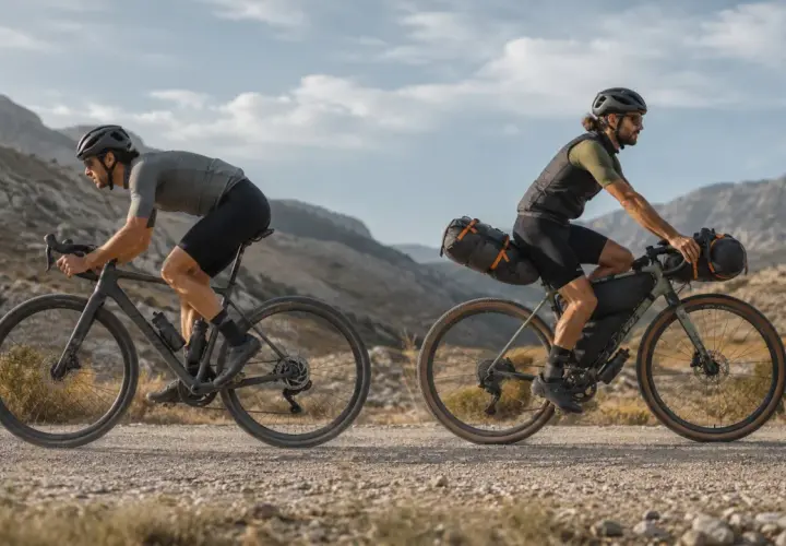 Zwei Radfahrer auf Schotterwegen, die das Abenteuer des Gravelns erleben. Sie fahren mit voll beladenen Rädern durch eine bergige Landschaft.