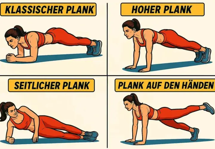Vier Darstellungen einer Frau in verschiedenen Plank-Positionen: klassischer Plank, hoher Plank, seitlicher Plank und Plank auf den Händen. Jede Übung zeigt eine korrekte Plank-Haltung.