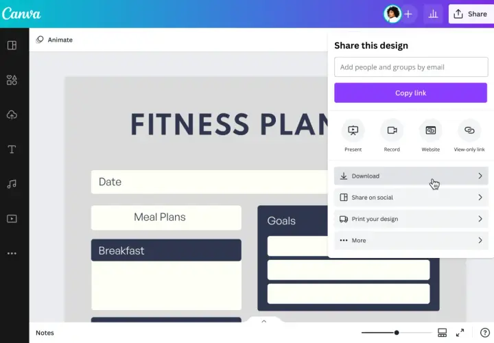 Fitnessplan-Vorlage in Canva. Hier kannst du deinen online Trainingsplan erstellen und ihn dann herunterladen oder teilen.