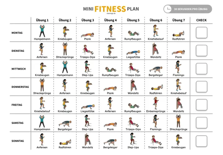 Fitnessplan Vorlage mit täglichen Übungen wie Hampelmann, Kniebeugen und Plank. Jede Übung dauert 30 Sekunden.
