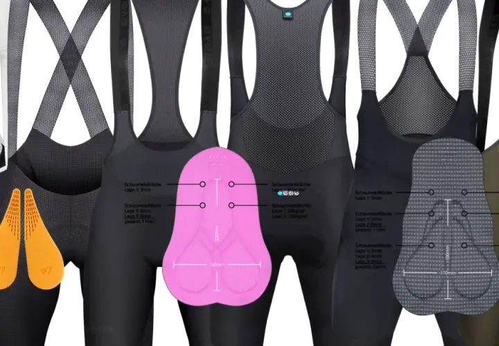 Welche Hose zum Radfahren ist die richtige? Verschiedene Trägerhosen mit detaillierten Einblicken in Polsterung und Material.