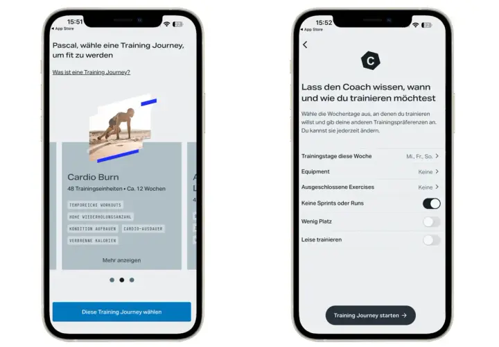 Fitness app kostenlos: Wähle "Cardio Burn" für 12 Wochen Training. Passe deine Trainingspräferenzen an, um deine Fitnessreise zu starten.