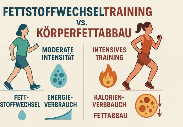 Vergleich von Fettstoffwechseltraining und Körperfettabbau. Moderate Intensität fördert Fettstoffwechsel, intensives Training den Kalorienverbrauch für Fettabbau.