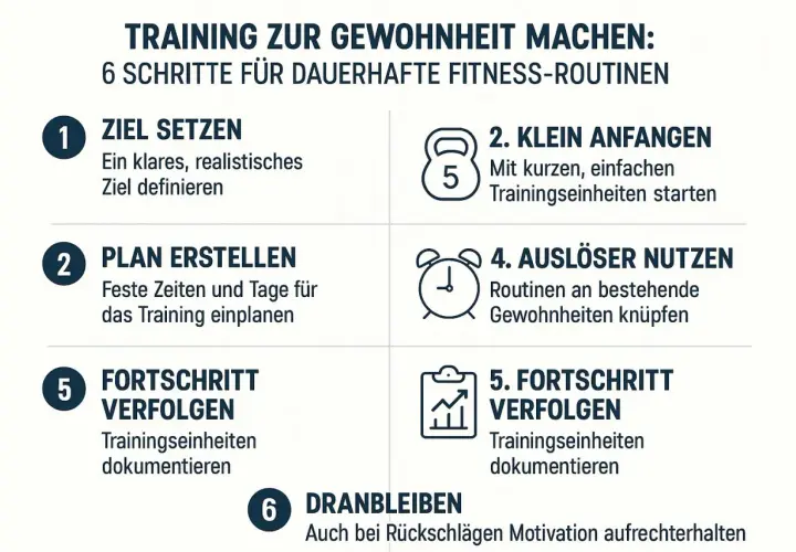 6 Schritte für dauerhafte Fitness-Routinen: Ziel setzen, klein anfangen, planen, Auslöser nutzen, Fortschritt verfolgen und dranbleiben.