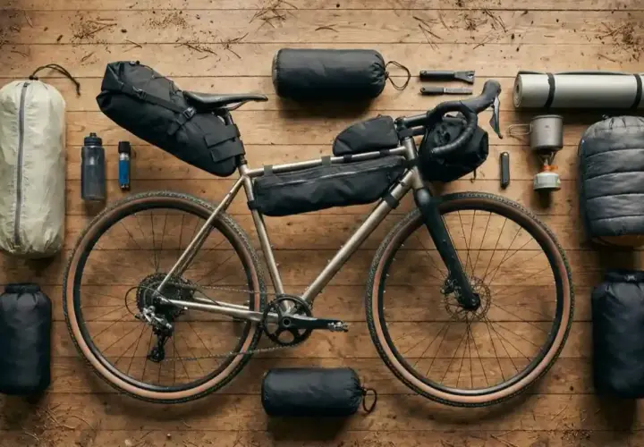 Fahrrad mit Bikepacking-Taschen, Schlafsack, Isomatte, Kocher und Wasserflaschen bereit für ein Abenteuer.