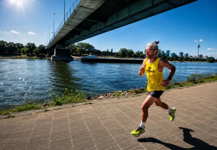 Läufer mit hochrotem Kopf und erhöhtem **Puls bei Hitze** joggt unter einer Brücke am Fluss entlang.