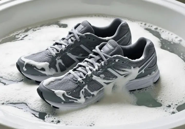 Graue Laufschuhe werden in einem Schaumbad gereinigt.