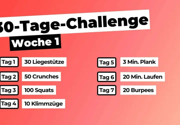 30-Tage-Fitness-Challenge: Woche 1 mit Liegestützen, Crunches, Squats, Klimmzügen, Plank, Laufen und Burpees.