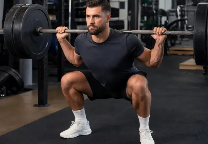 Mann macht Kniebeugen mit Langhantel im Fitnessstudio. Fokus auf Muskelaufbau und Krafttraining.