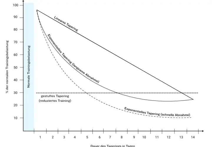 Diagramm zeigt drei Methoden des Taperings im Sport: lineares, exponentielles (langsame und schnelle Abnahme) und gestuftes Tapering, dargestellt über die Dauer in Tagen.