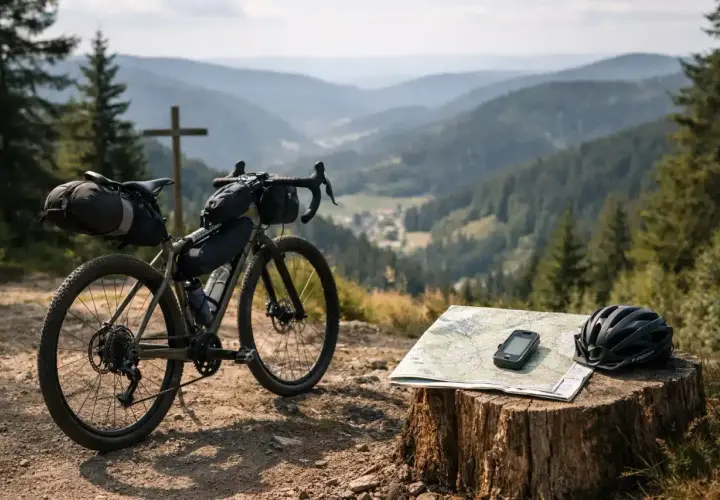 Gravelbike mit Gepäcktaschen, Karte und Helm auf einem Baumstumpf, bereit für Abenteuer. Perfekt für deine nächsten Gravelbike Touren.