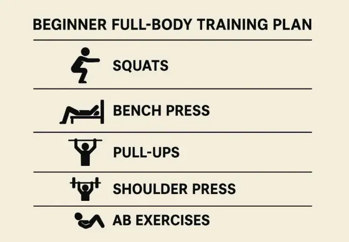 Ein Trainingsplan für Anfänger: Kniebeugen, Bankdrücken, Klimmzüge, Schulterdrücken und Bauchübungen zeigen, wie trainiere ich richtig.